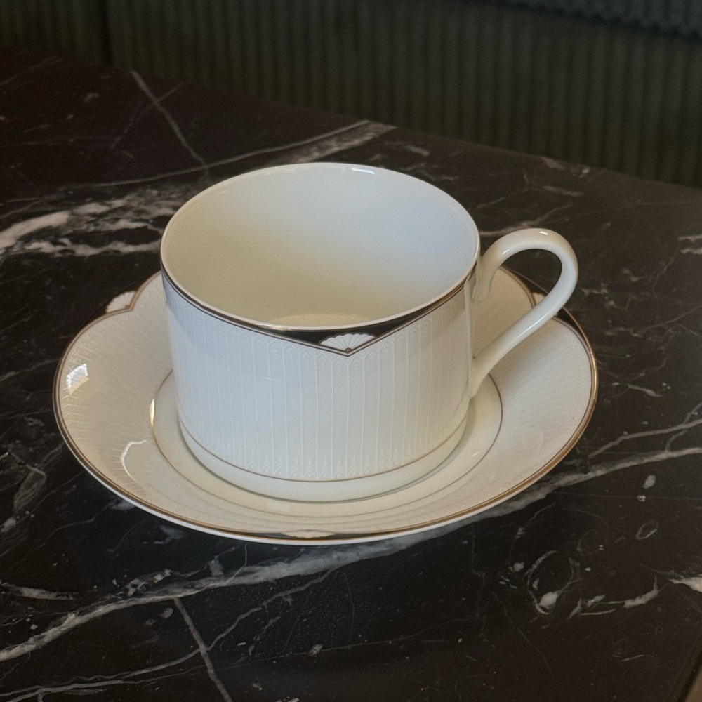 Discontinued Oscar De La Renta Aegean Tea Cup and Saucer Set Gold Trim